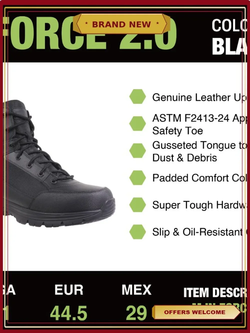 Steel Toe Tactical Work Boots for Men Slip Resistant Lace Up